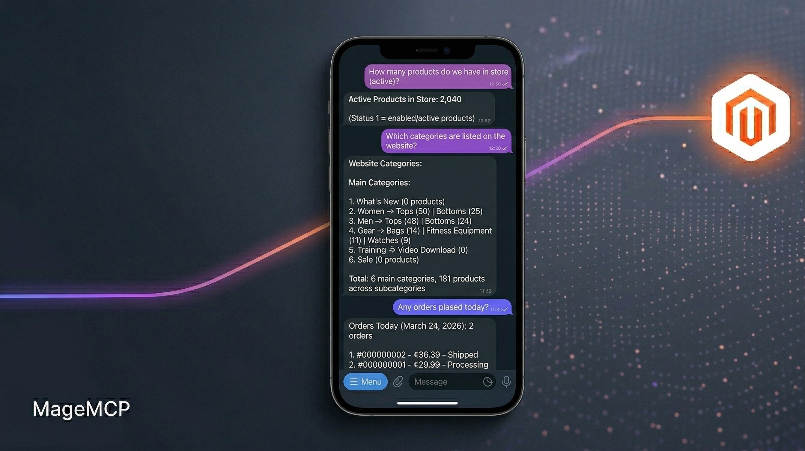 MageMCP Telegram bot demo showing product count, category listing, and order lookup on a live Magento store