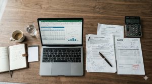 B2B quoting complexity — spreadsheets, QUOTE documents and pricing worksheets on a desk, representing the challenges of custom quoting logic in Magento B2B projects