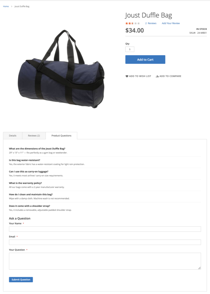 Product Page FAQ Tab with questions and Ask a Question form